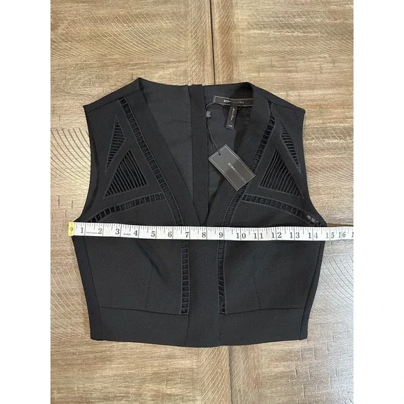 NWT BCBG MAXAZRIA Black Deep V-Neck Tank Crop Mesh Cutouts Womens Size XXS $198 - Picture 10 of 13